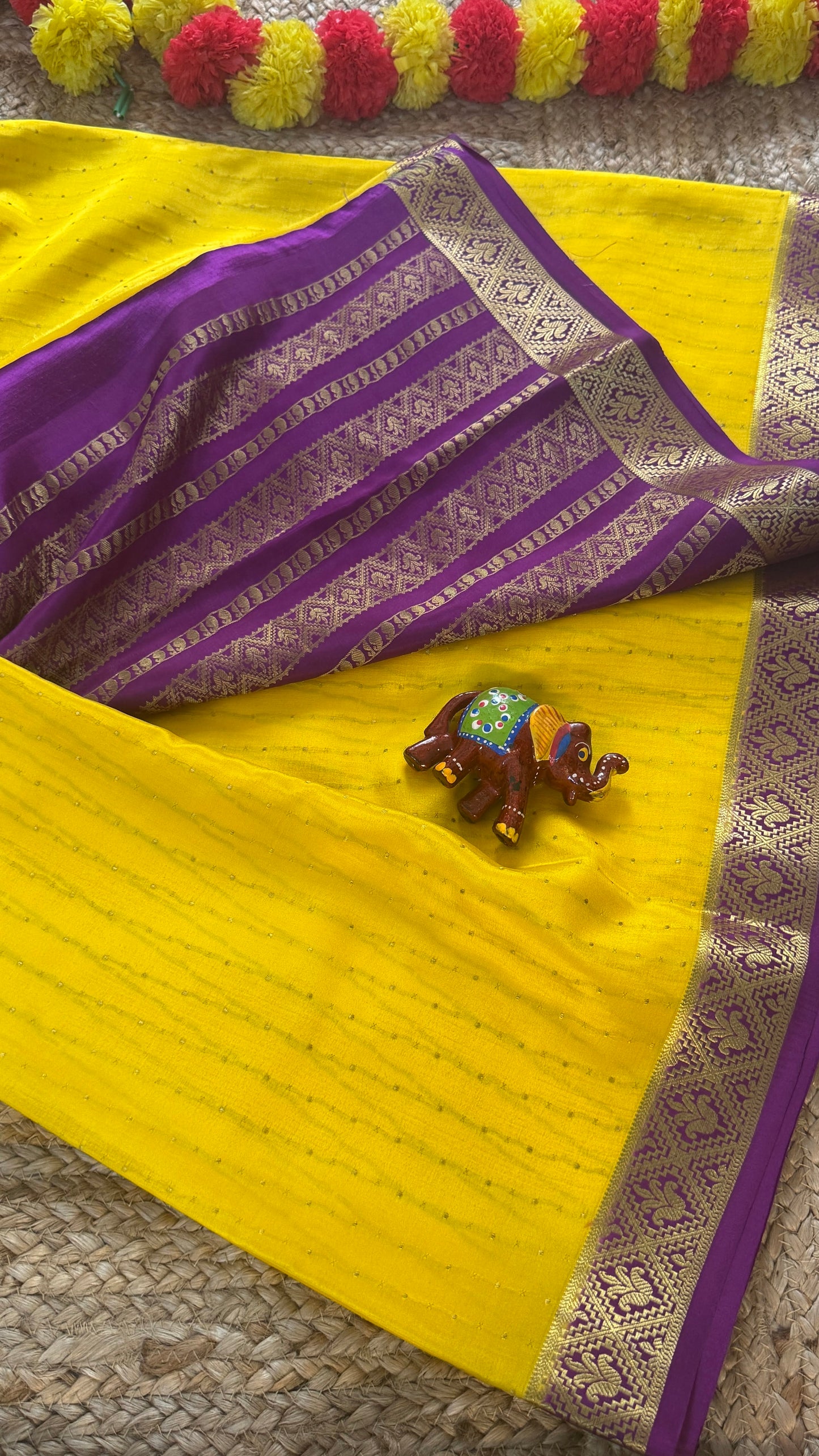 Pure Mysore Silk | Bespoke - Weft Line Yellow n Purple Saree - Mysuru - 05