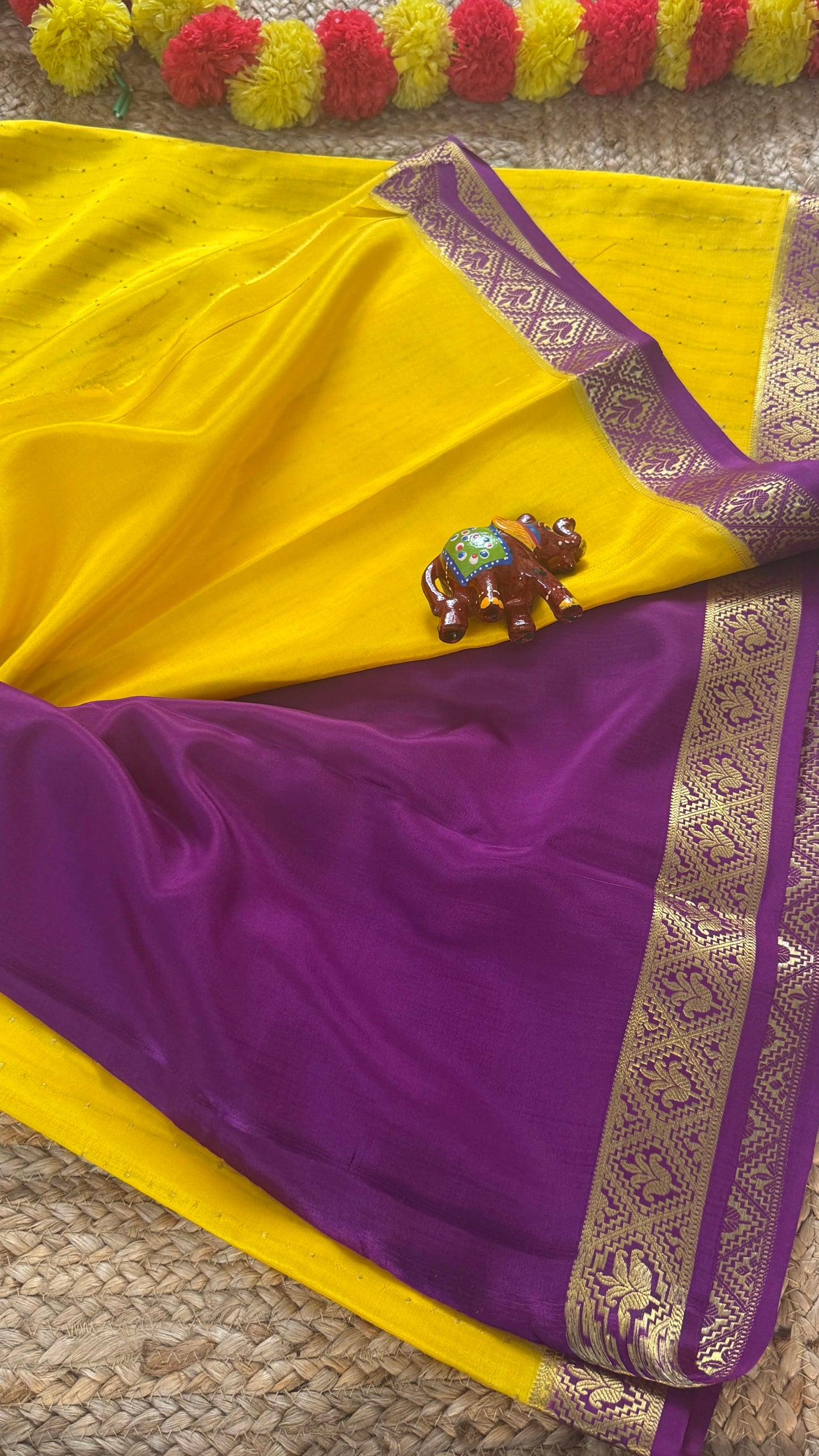 Pure Mysore Silk | Bespoke - Weft Line Yellow n Purple Saree - Mysuru - 05