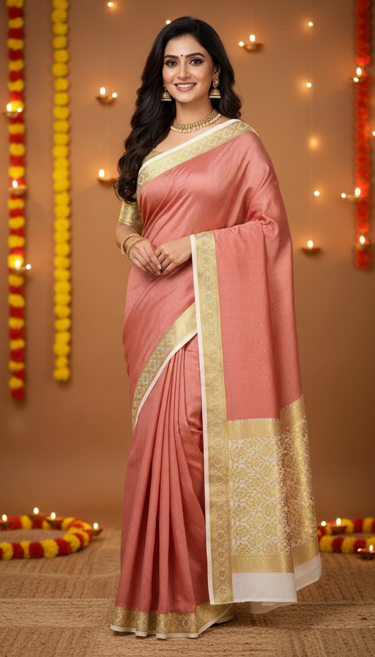 Pure Mysore Silk | Bespoke - Weft Line Mauve n White Saree - Mysuru - 05