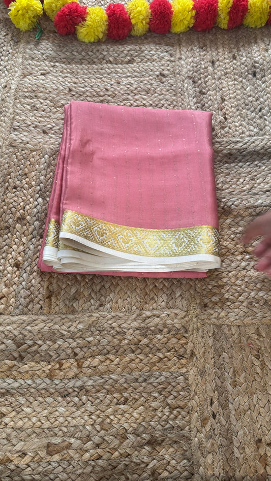 Pure Mysore Silk | Bespoke - Weft Line Mauve n White Saree - Mysuru - 05