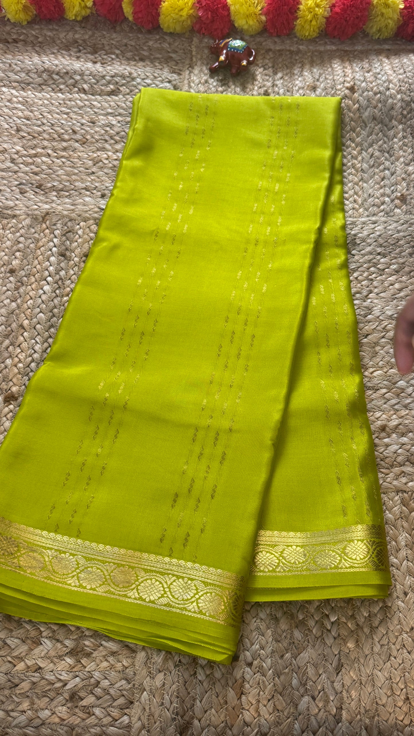 Pure Mysore Silk | Bespoke - Weft Line Green Saree - Mysuru - 05