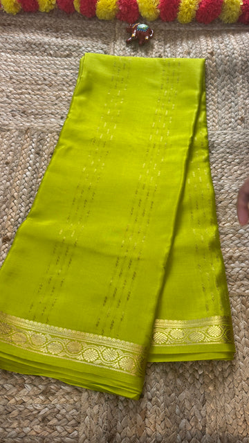 Pure Mysore Silk | Bespoke - Weft Line Green Saree - Mysuru - 05