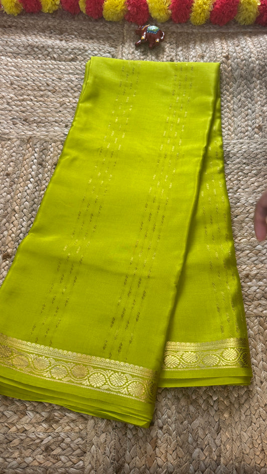 Pure Mysore Silk | Bespoke - Weft Line Green Saree - Mysuru - 05