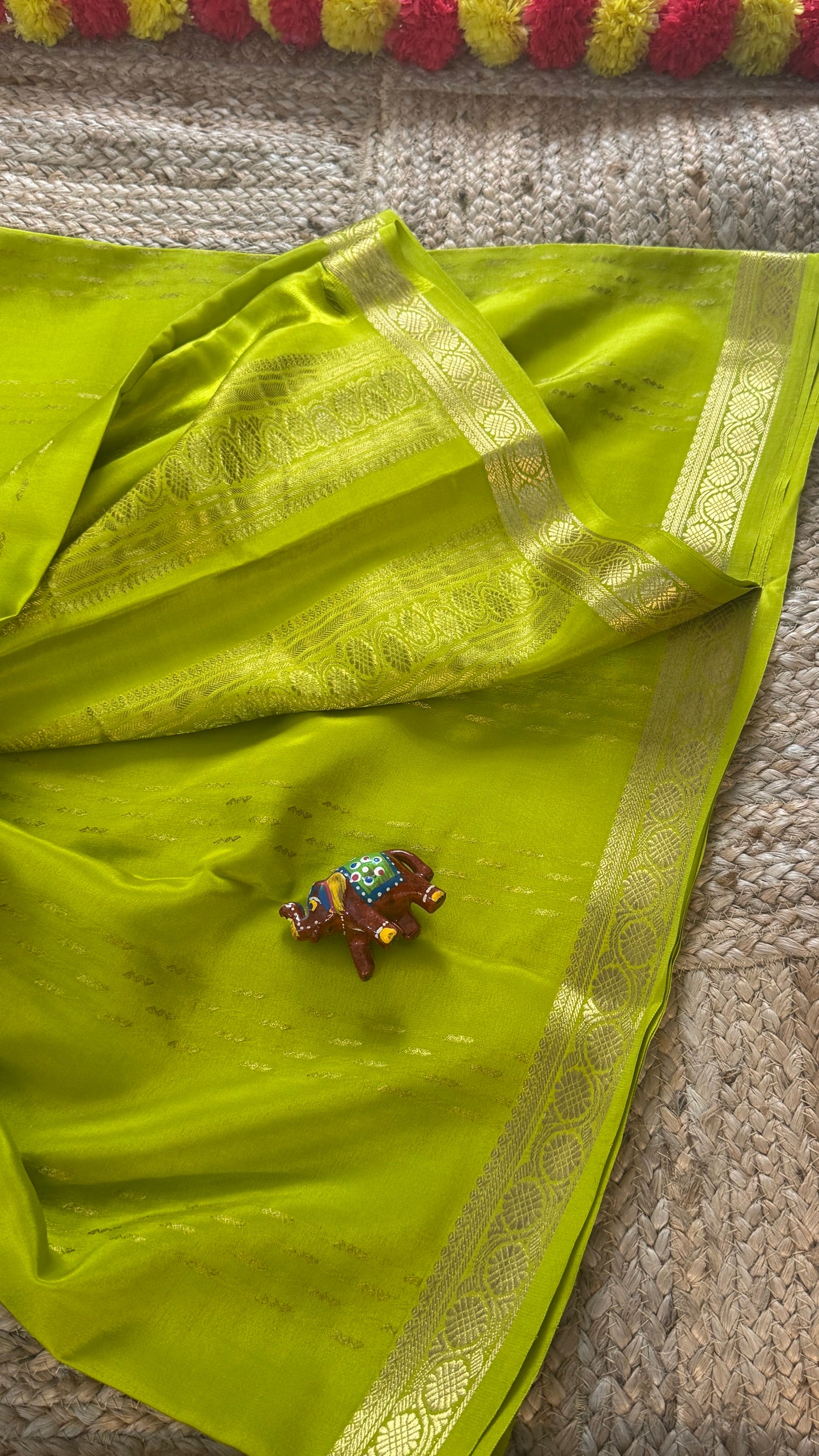 Pure Mysore Silk | Bespoke - Weft Line Green Saree - Mysuru - 05