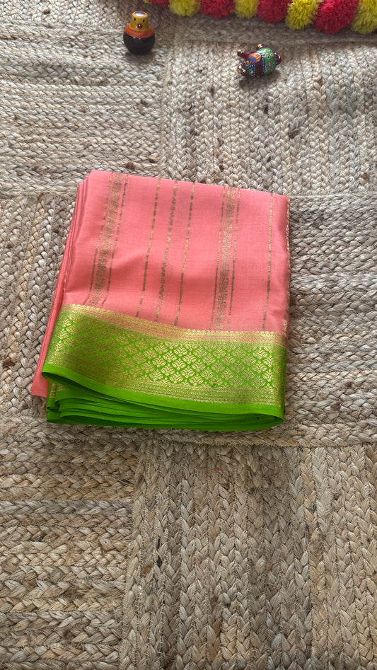 Pure Mysore Silk | Bespoke - Light Orange n Green Saree - Mysuru - 05
