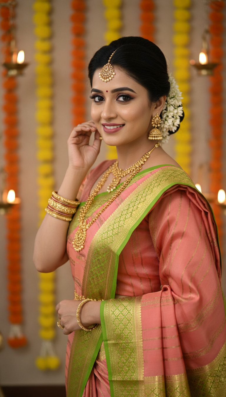 Pure Mysore Silk | Bespoke - Light Orange n Green Saree - Mysuru - 05