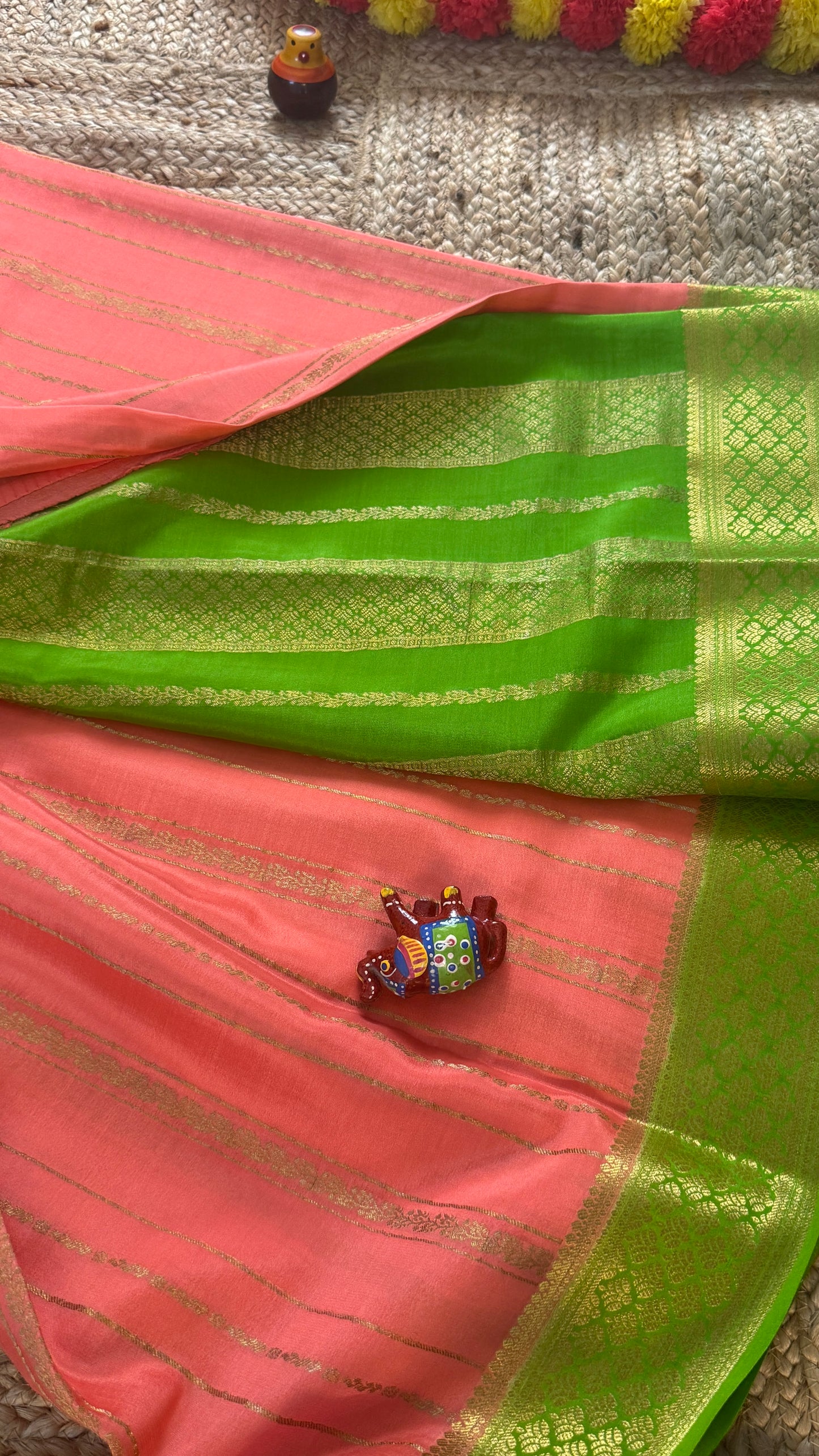 Pure Mysore Silk | Bespoke - Light Orange n Green Saree - Mysuru - 05