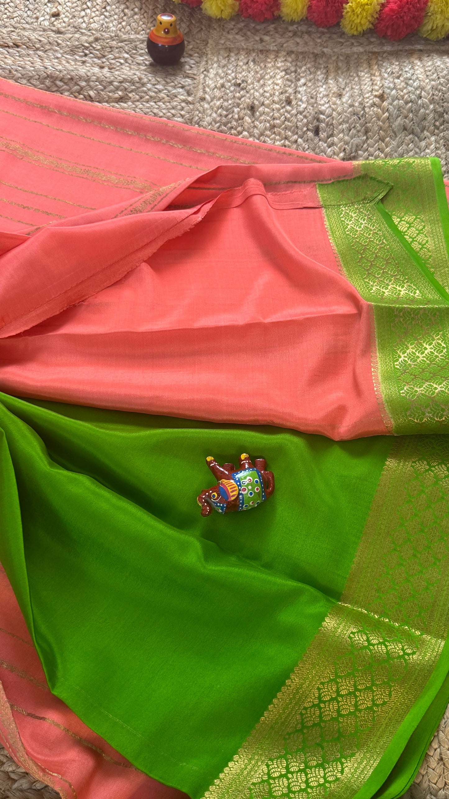 Pure Mysore Silk | Bespoke - Light Orange n Green Saree - Mysuru - 05