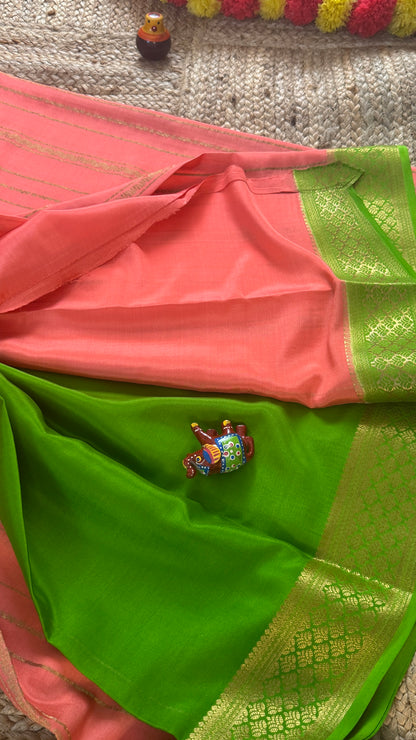 Pure Mysore Silk | Bespoke - Light Orange n Green Saree - Mysuru - 05