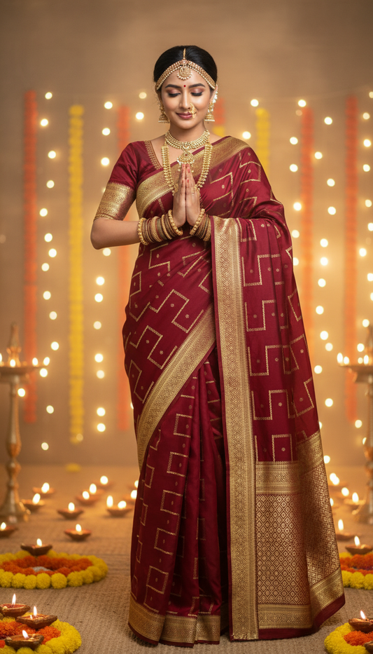4. Pure Mysore Silk | Bespoke - Step Maroon Saree - Mysuru - 05