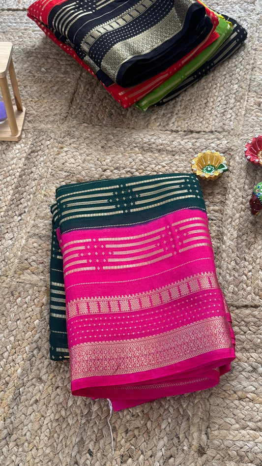 Semi Silk Saree in 2D - Bottle Green and Pink