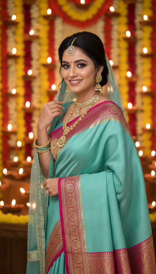 Pure Mysore Silk | Bespoke - Body Checks Blue and Pink - Mysuru - 05