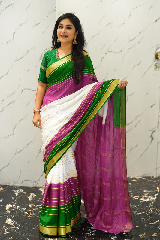 Premium Mysore Silk 3D Saree - White Green Purple