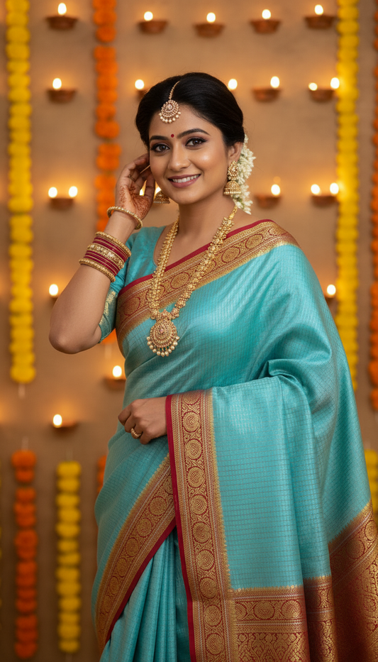 Pure Mysore Silk | Bespoke - Body Checks Blue and Red - Mysuru - 05