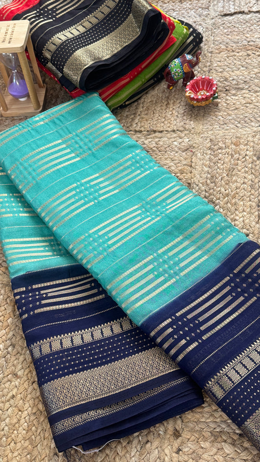 Semi Silk Saree in 2D - Turquoise and Navy Blue