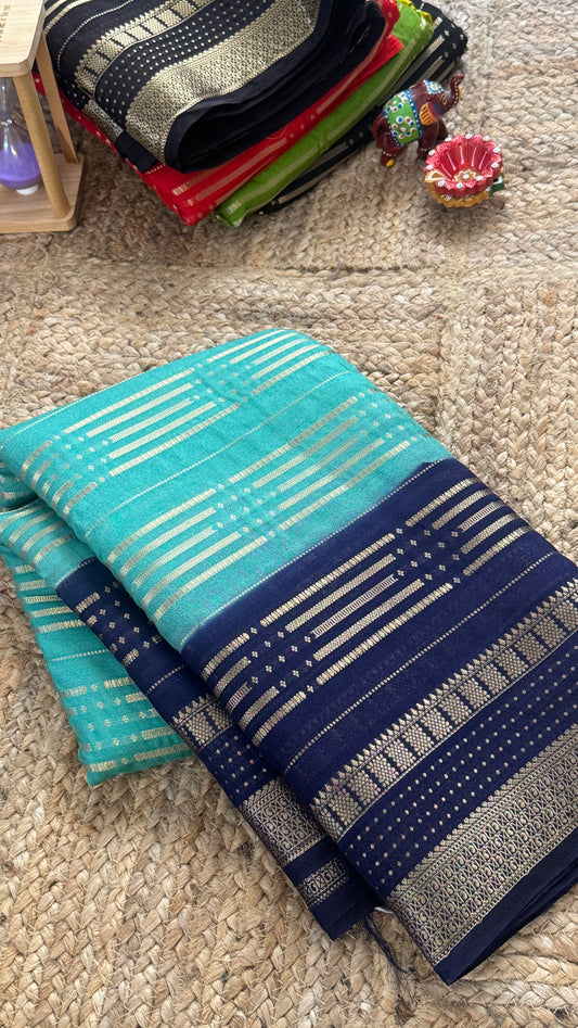 Semi Silk Saree in 2D - Turquoise and Navy Blue