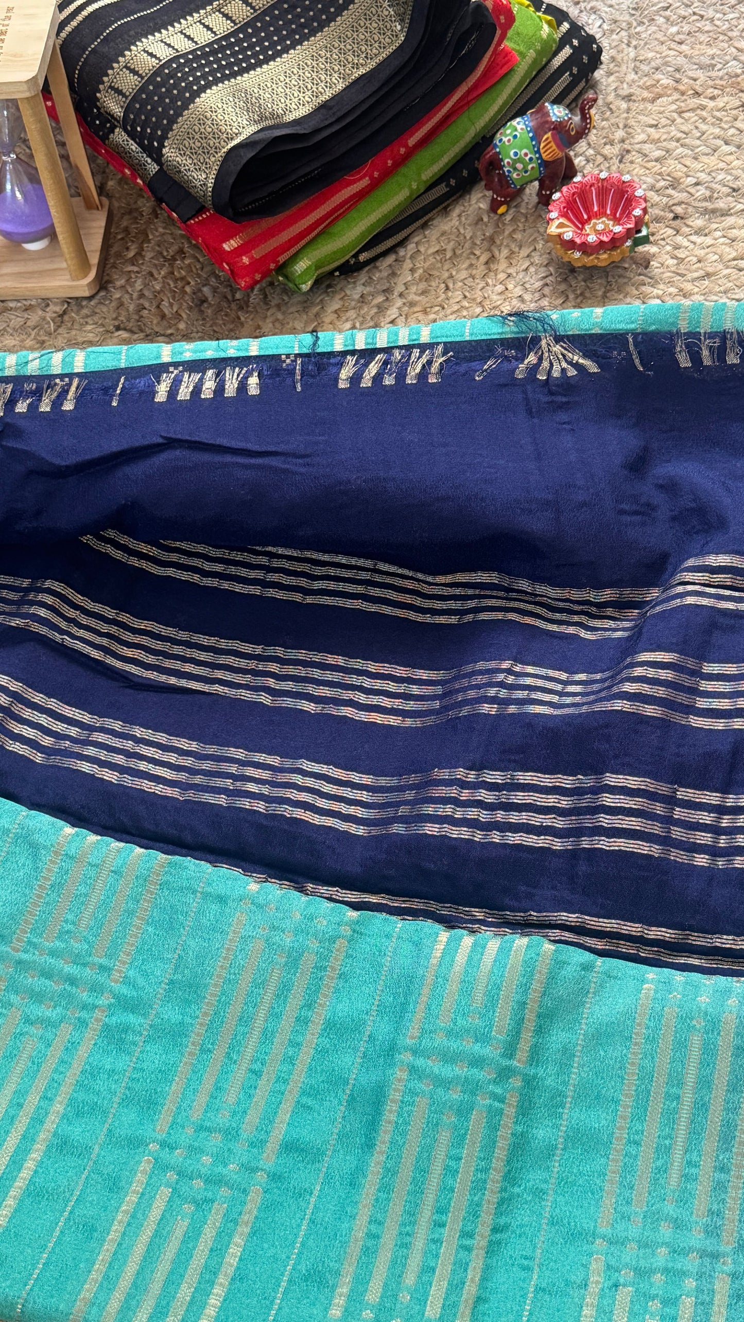 Semi Silk Saree in 2D - Turquoise and Navy Blue