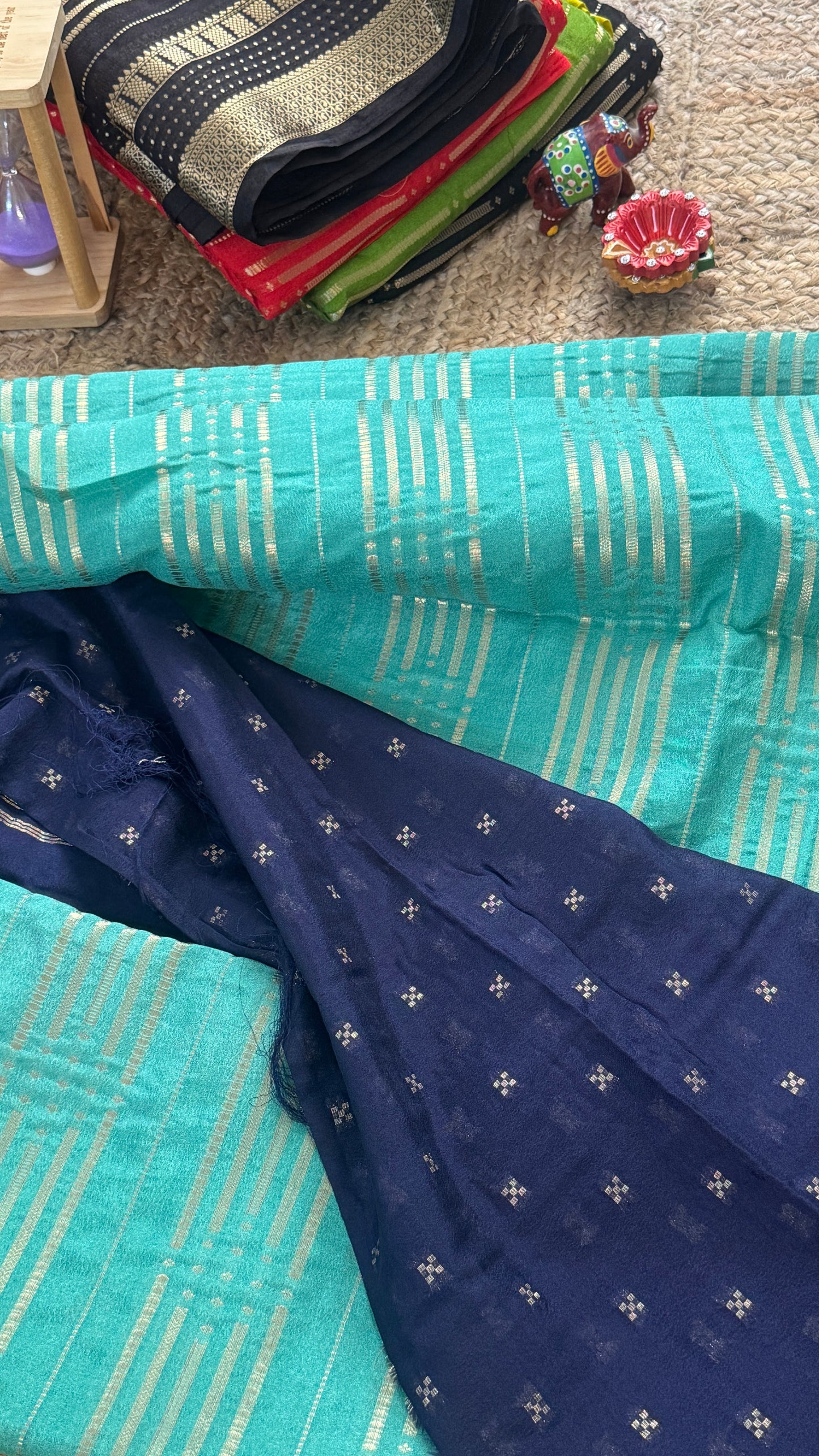 Semi Silk Saree in 2D - Turquoise and Navy Blue