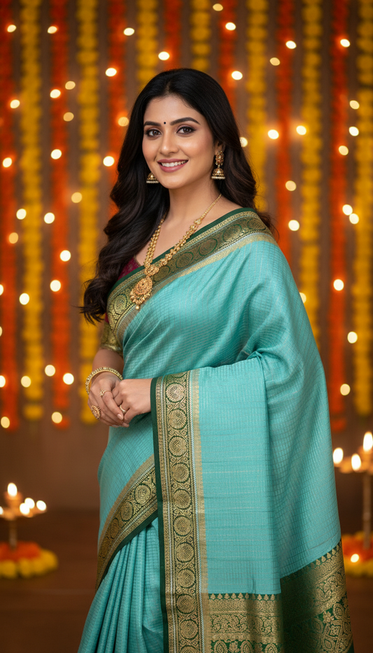 4. Pure Mysore Silk | Bespoke - Body Checks Blue and Green - Mysuru - 05