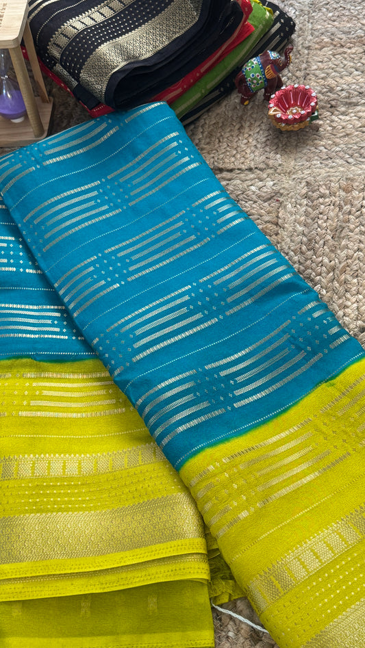 Semi Silk Saree in 2D - Yellow and Blue