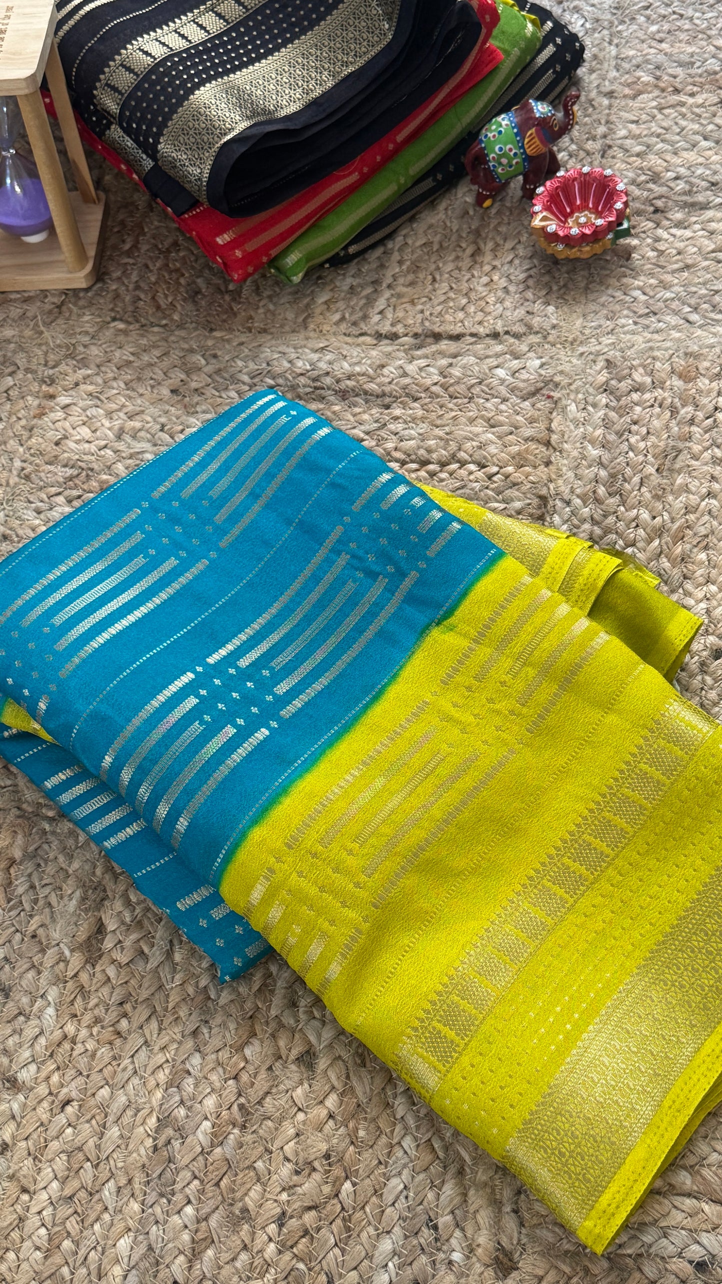 Semi Silk Saree in 2D - Yellow and Blue