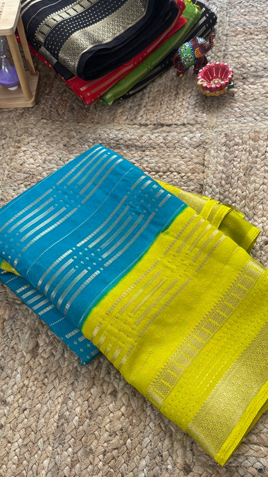 Semi Silk Saree in 2D - Yellow and Blue