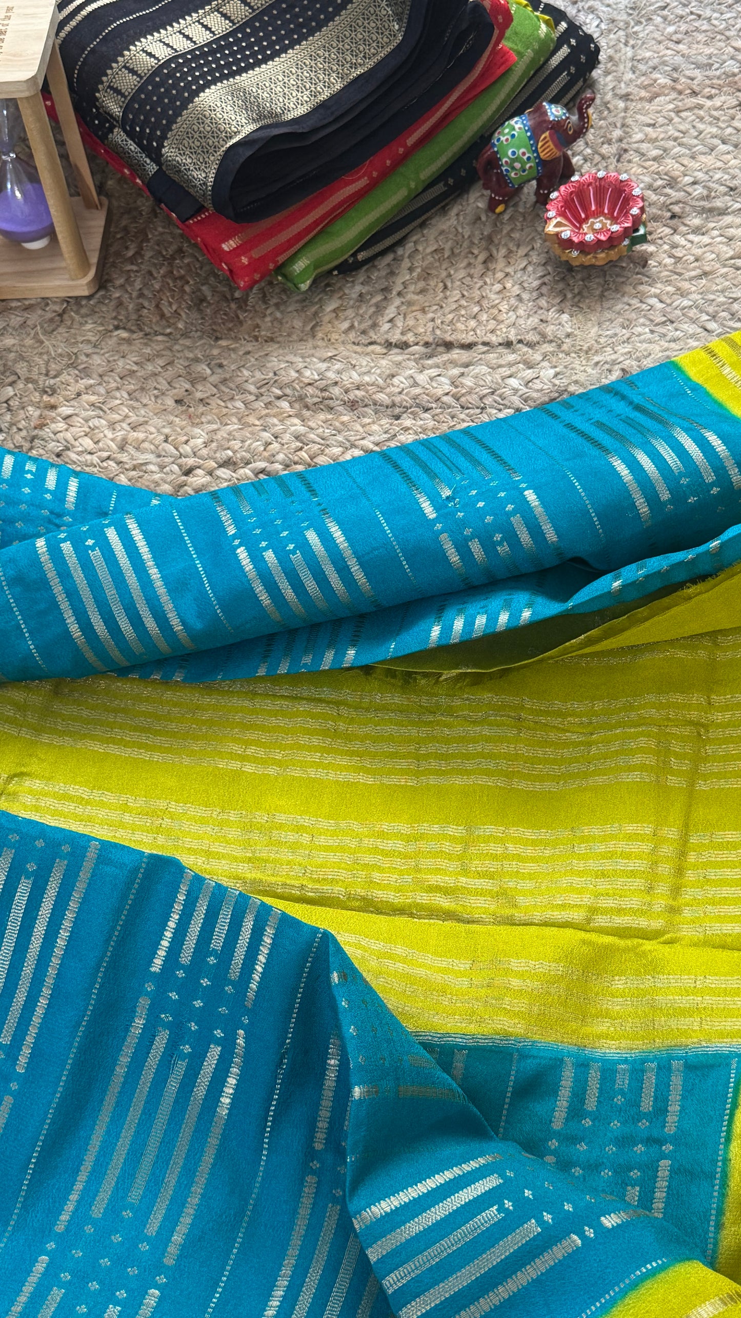 Semi Silk Saree in 2D - Yellow and Blue