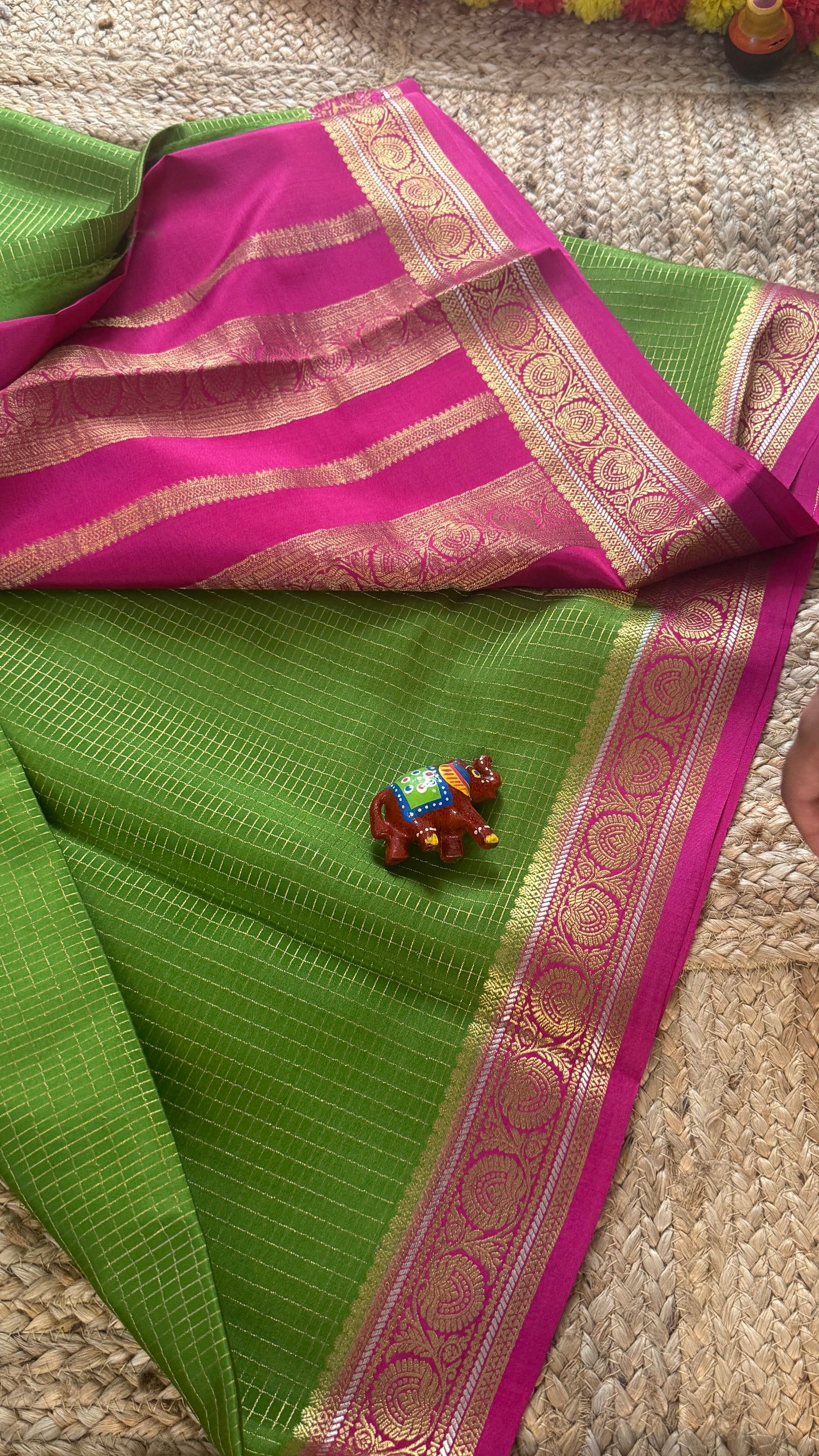 Pure Mysore Silk | Bespoke - Body Checks Green and Pink - Mysuru - 05