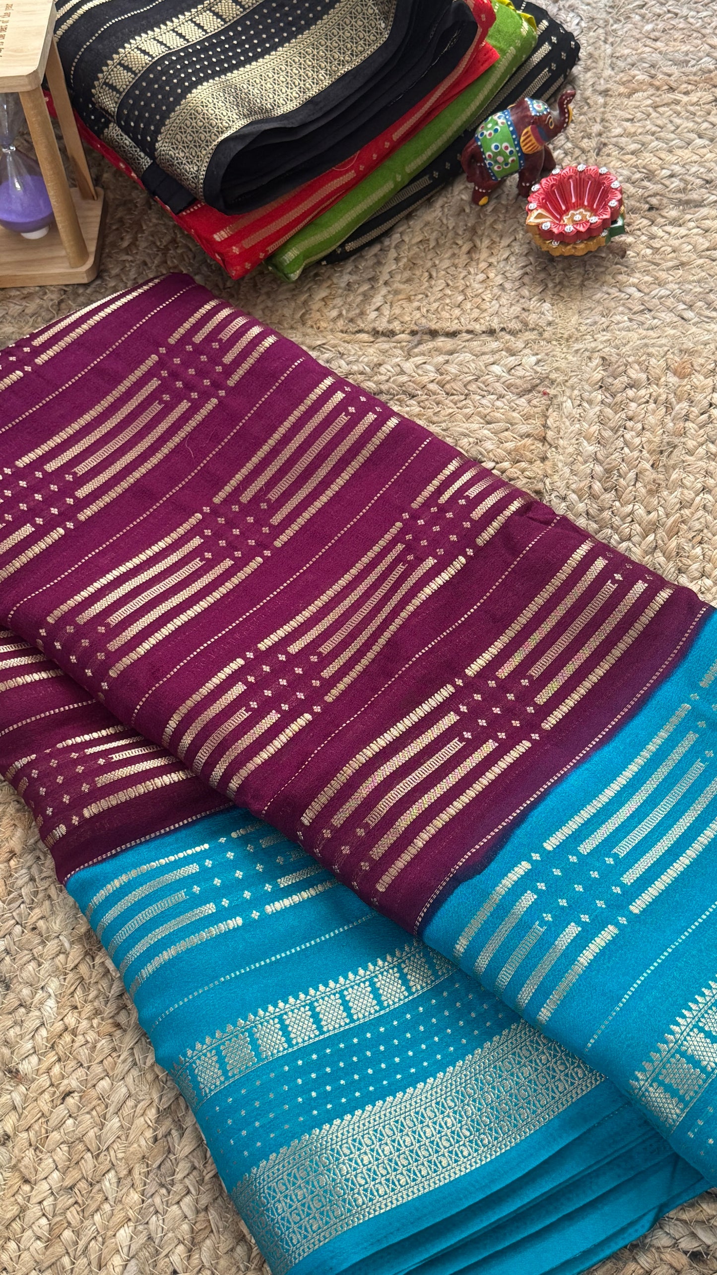 Semi Silk Saree in 2D - Maroon and Blue
