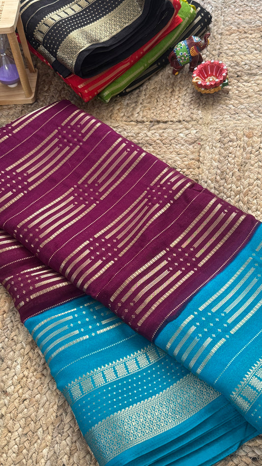 Semi Silk Saree in 2D - Maroon and Blue