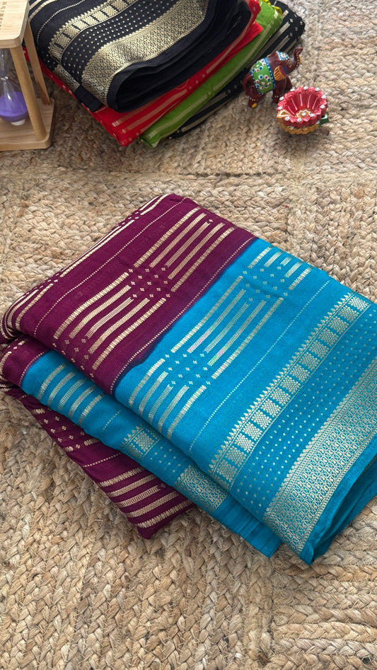 Semi Silk Saree in 2D - Maroon and Blue