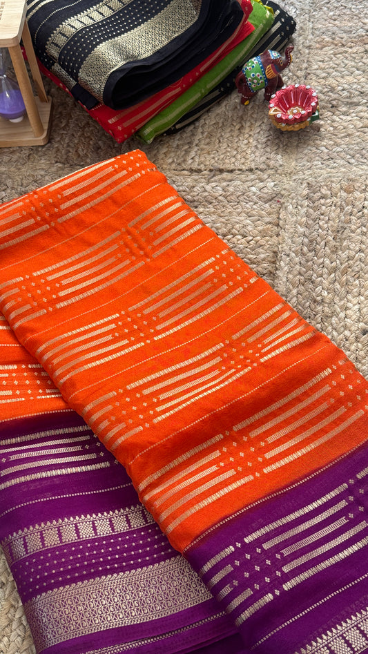 Semi Silk Saree in 2D - Orange and Purple