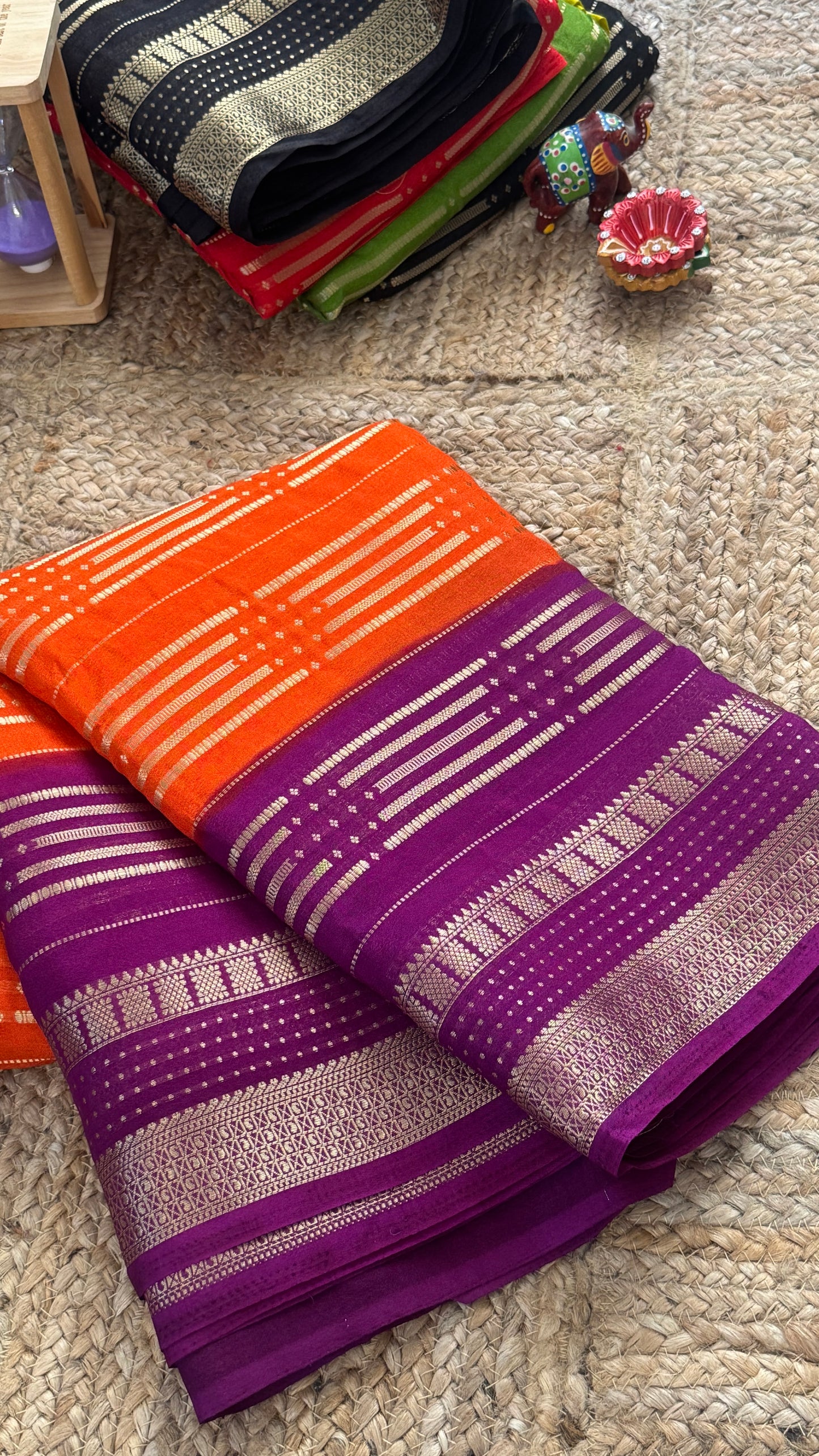 Semi Silk Saree in 2D - Orange and Purple