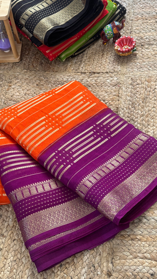 Semi Silk Saree in 2D - Orange and Purple