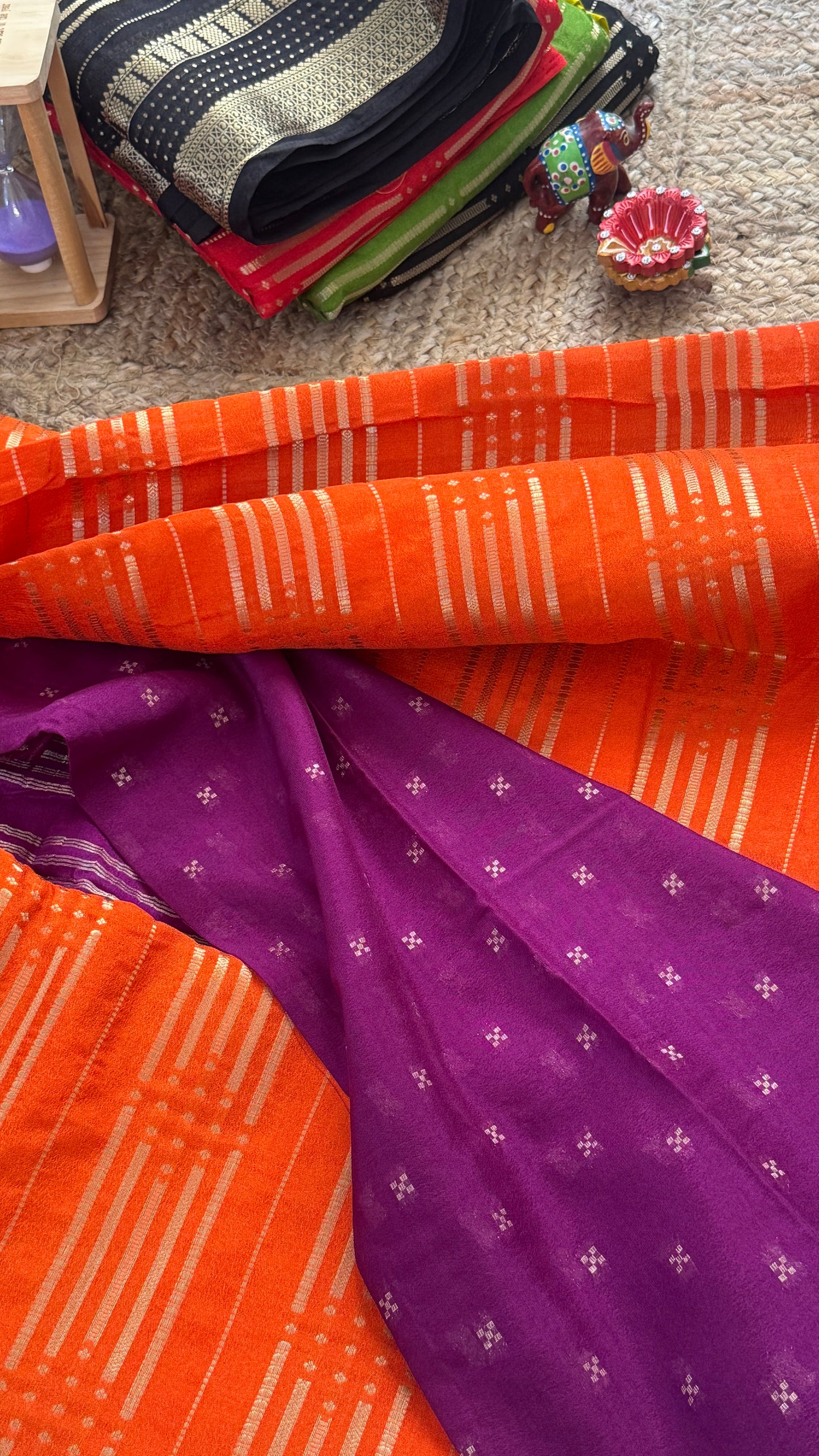 Semi Silk Saree in 2D - Orange and Purple