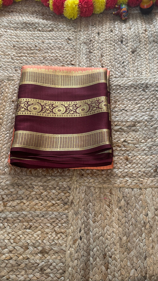 Pure Mysore Silk | Bespoke - Gap Weft Peach n Brown - Mysuru - 05