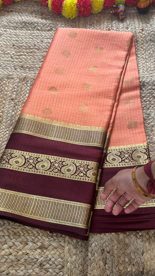 Pure Mysore Silk | Bespoke - Gap Weft Peach n Brown - Mysuru - 05