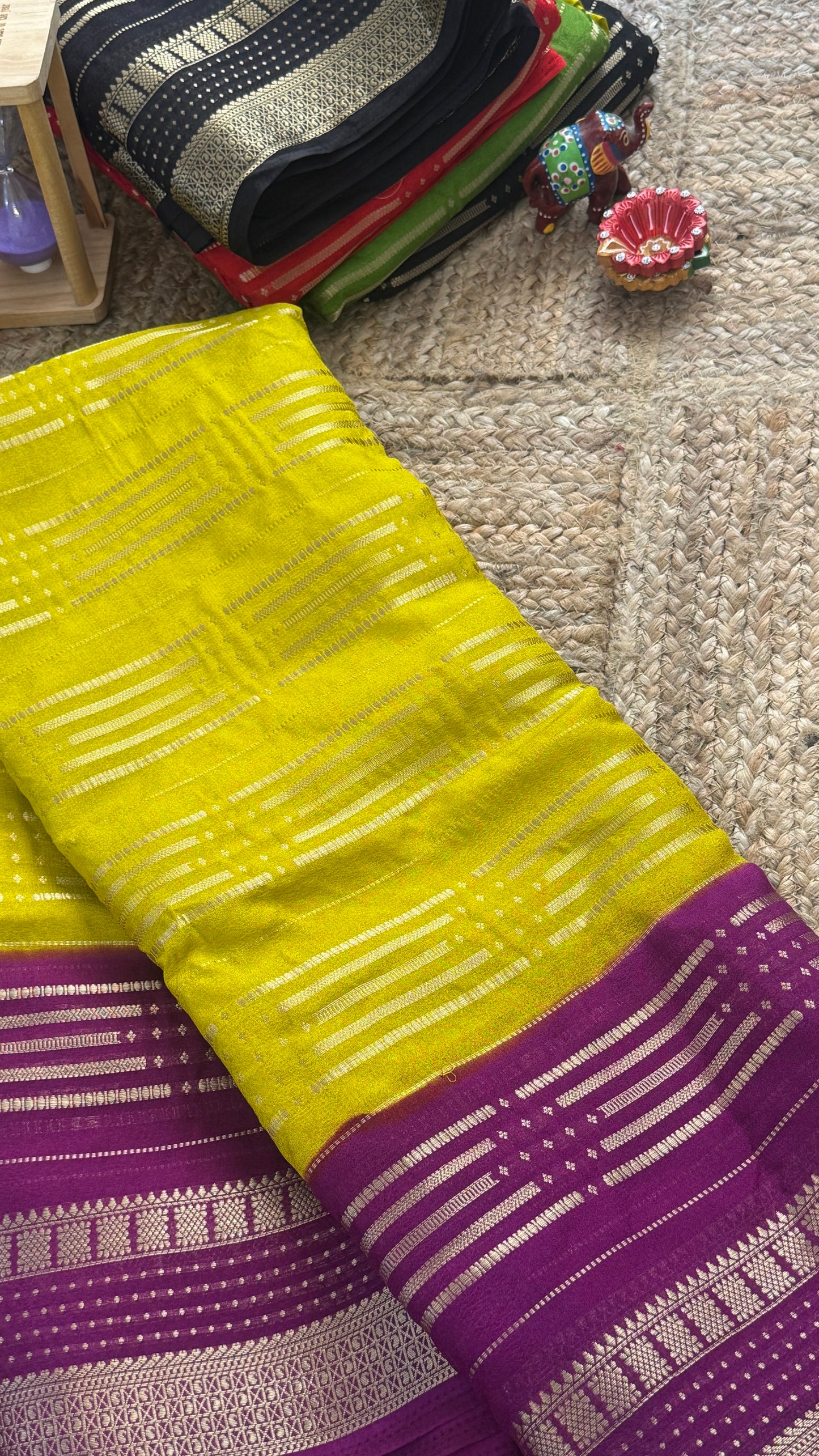 Semi Silk Saree in 2D - Yellow and Purple