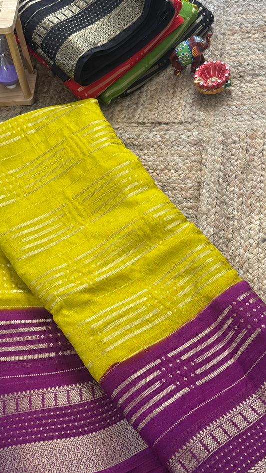 Semi Silk Saree in 2D - Yellow and Purple