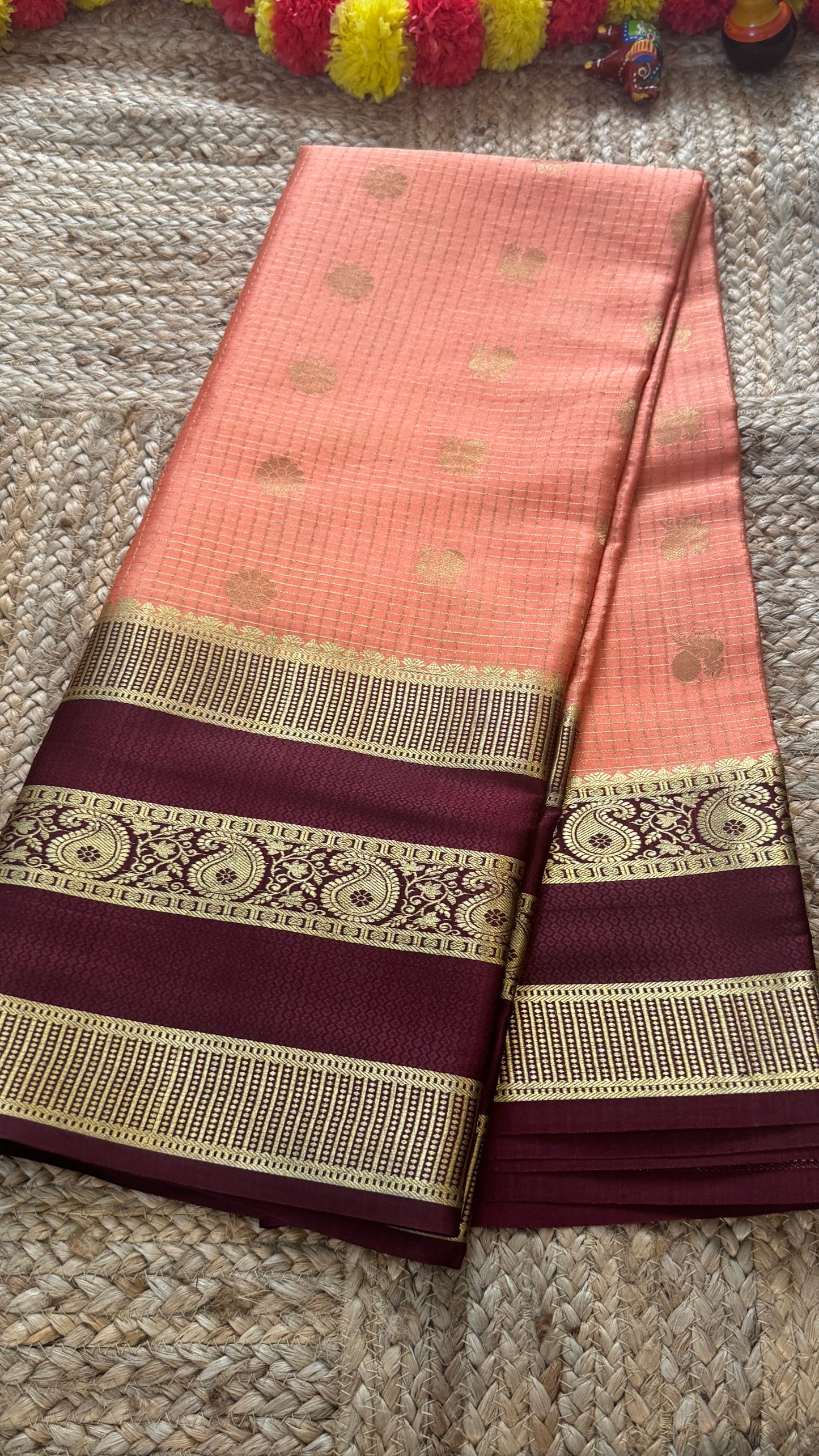 Pure Mysore Silk | Bespoke - Gap Weft Peach n Brown - Mysuru - 05