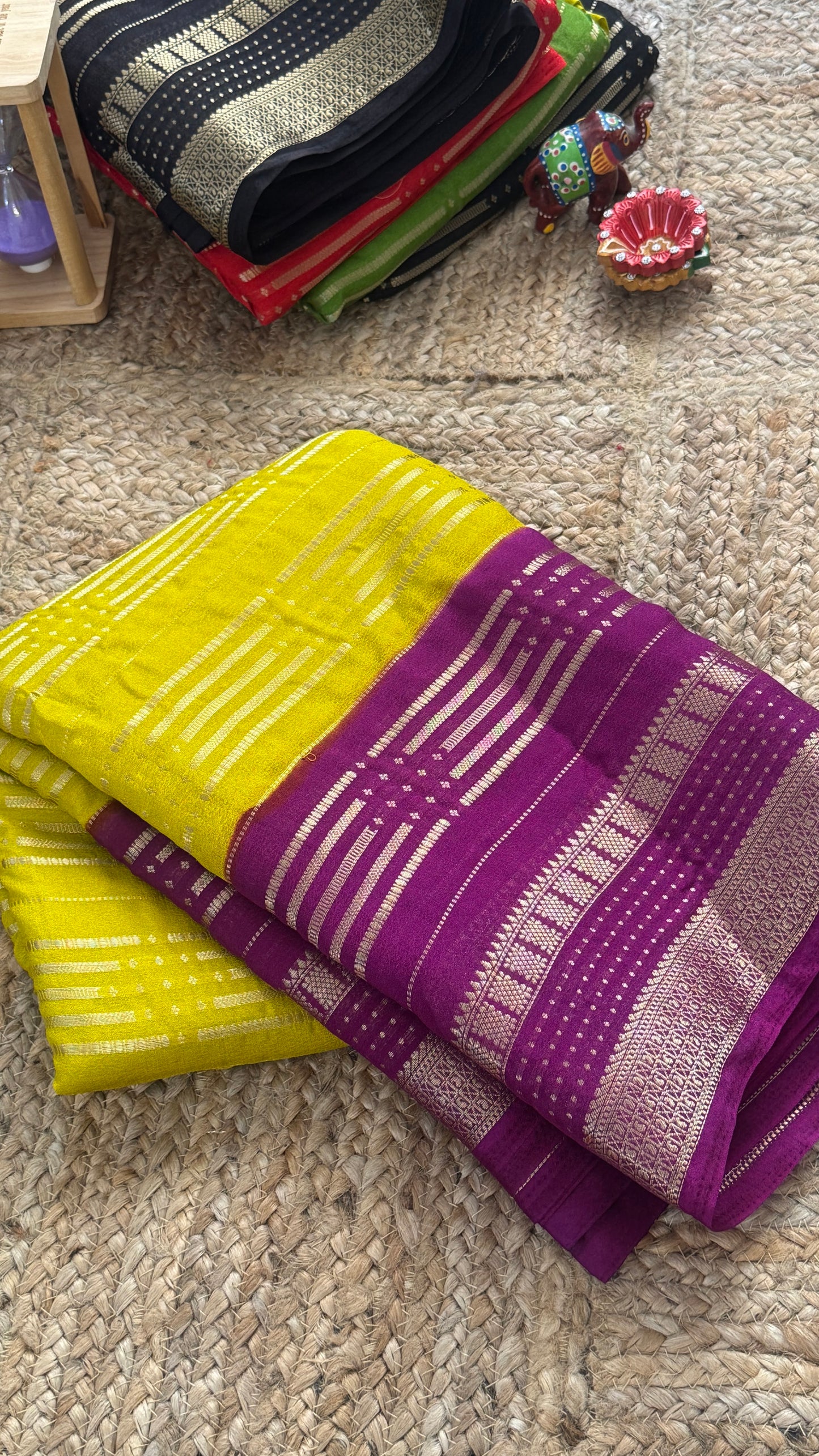 Semi Silk Saree in 2D - Yellow and Purple