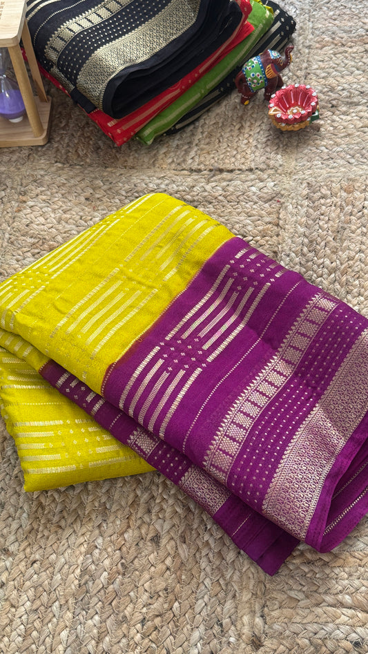 Semi Silk Saree in 2D - Yellow and Purple