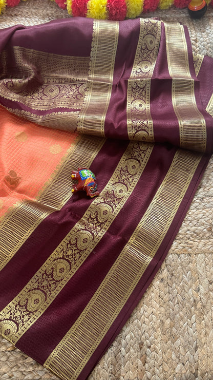 Pure Mysore Silk | Bespoke - Gap Weft Peach n Brown - Mysuru - 05