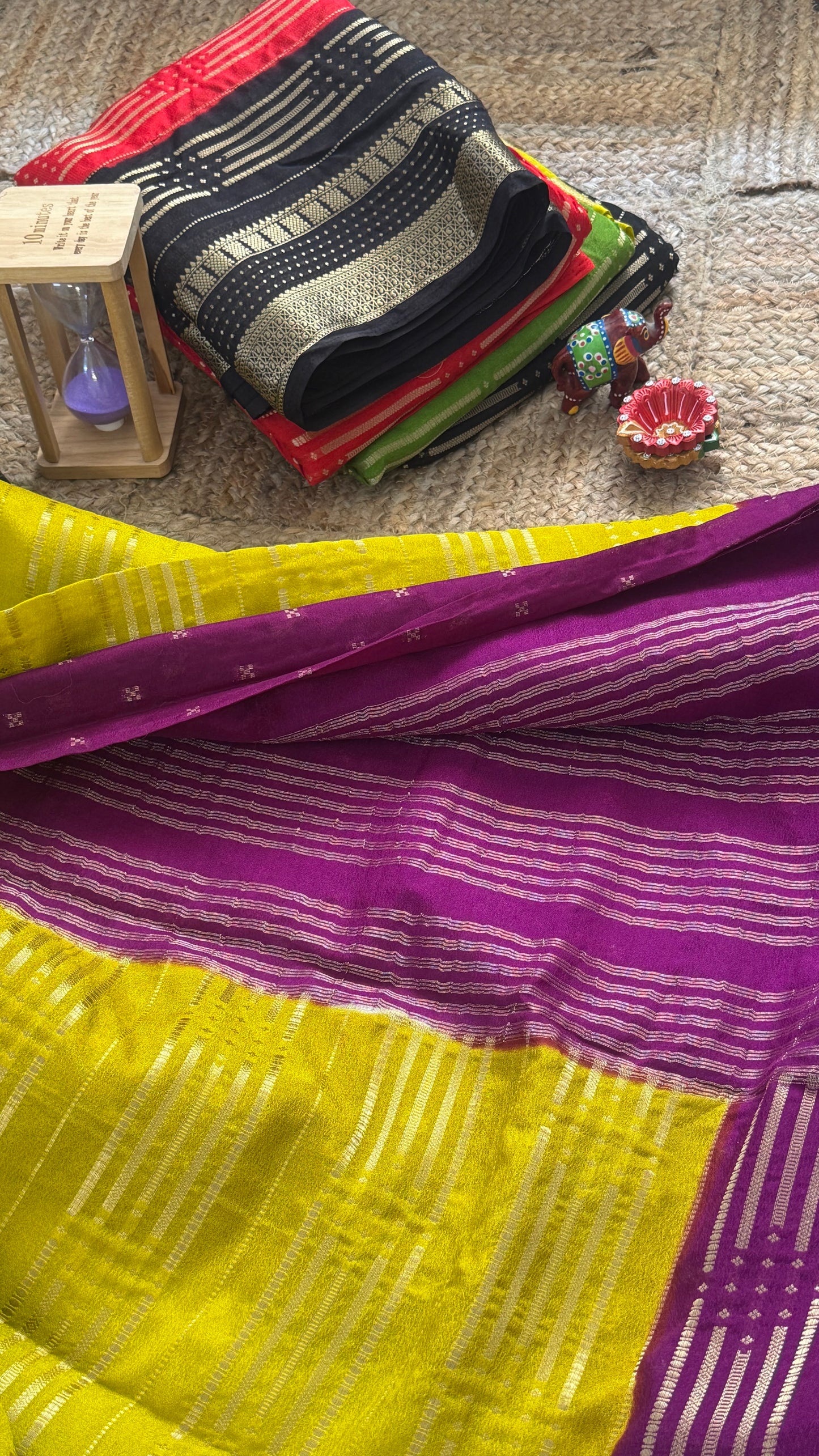 Semi Silk Saree in 2D - Yellow and Purple