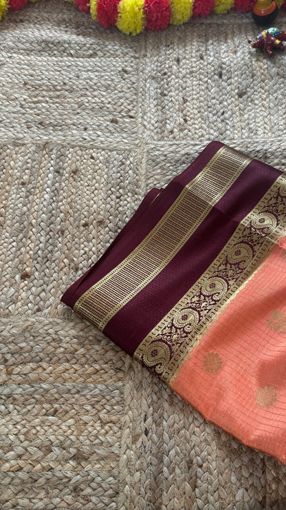 Pure Mysore Silk | Bespoke - Gap Weft Peach n Brown - Mysuru - 05