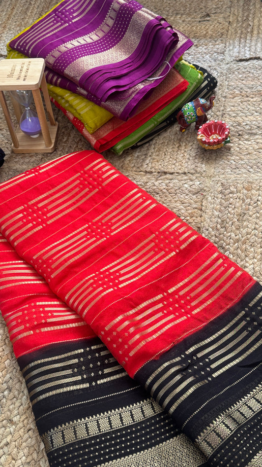 Semi Silk Saree in 2D - Red and Black