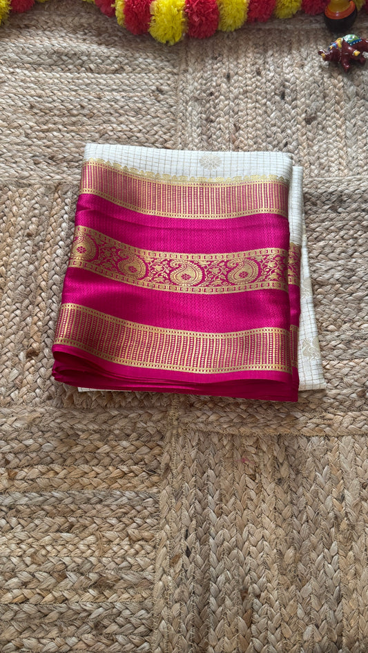 Pure Mysore Silk | Bespoke - Gap Weft White n Pink - Mysuru - 05