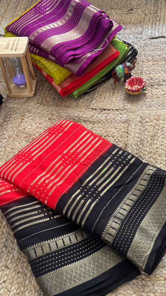Semi Silk Saree in 2D - Red and Black