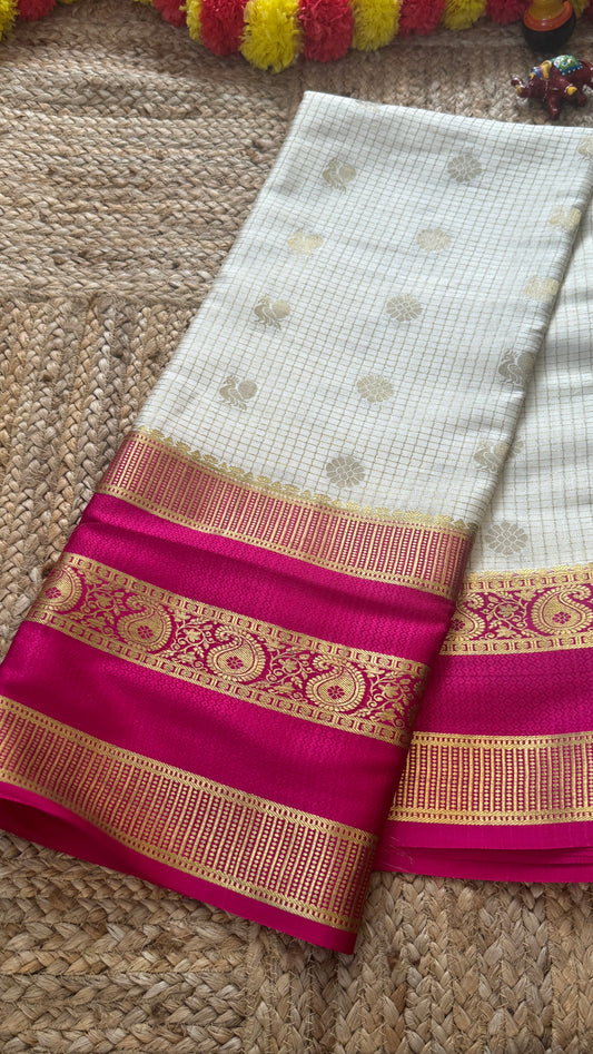 Pure Mysore Silk | Bespoke - Gap Weft White n Pink - Mysuru - 05