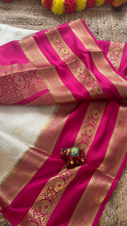 Pure Mysore Silk | Bespoke - Gap Weft White n Pink - Mysuru - 05